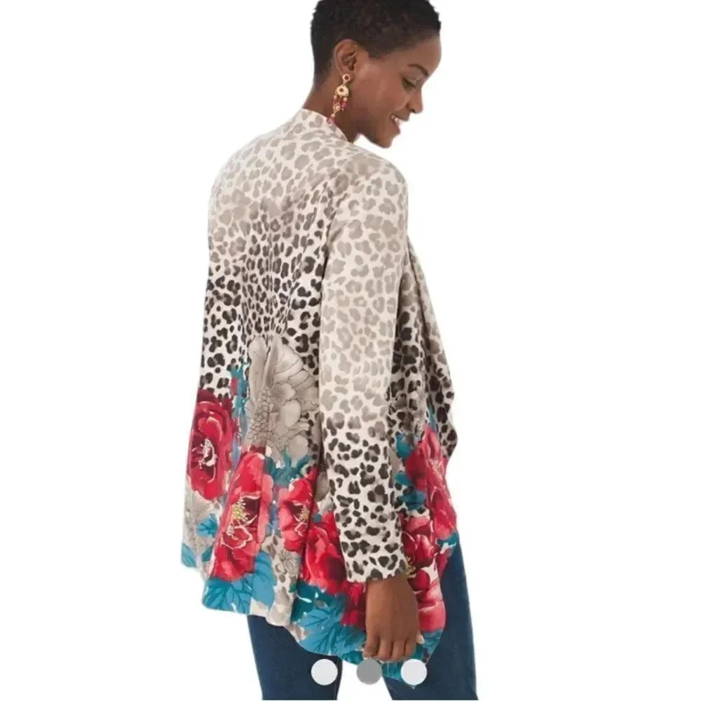 Chico’s suedes draped jacket leopard floral print beige and red size medium